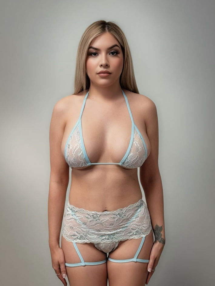 LUST 3 PIECE SET - WHITE/BLUE LACE