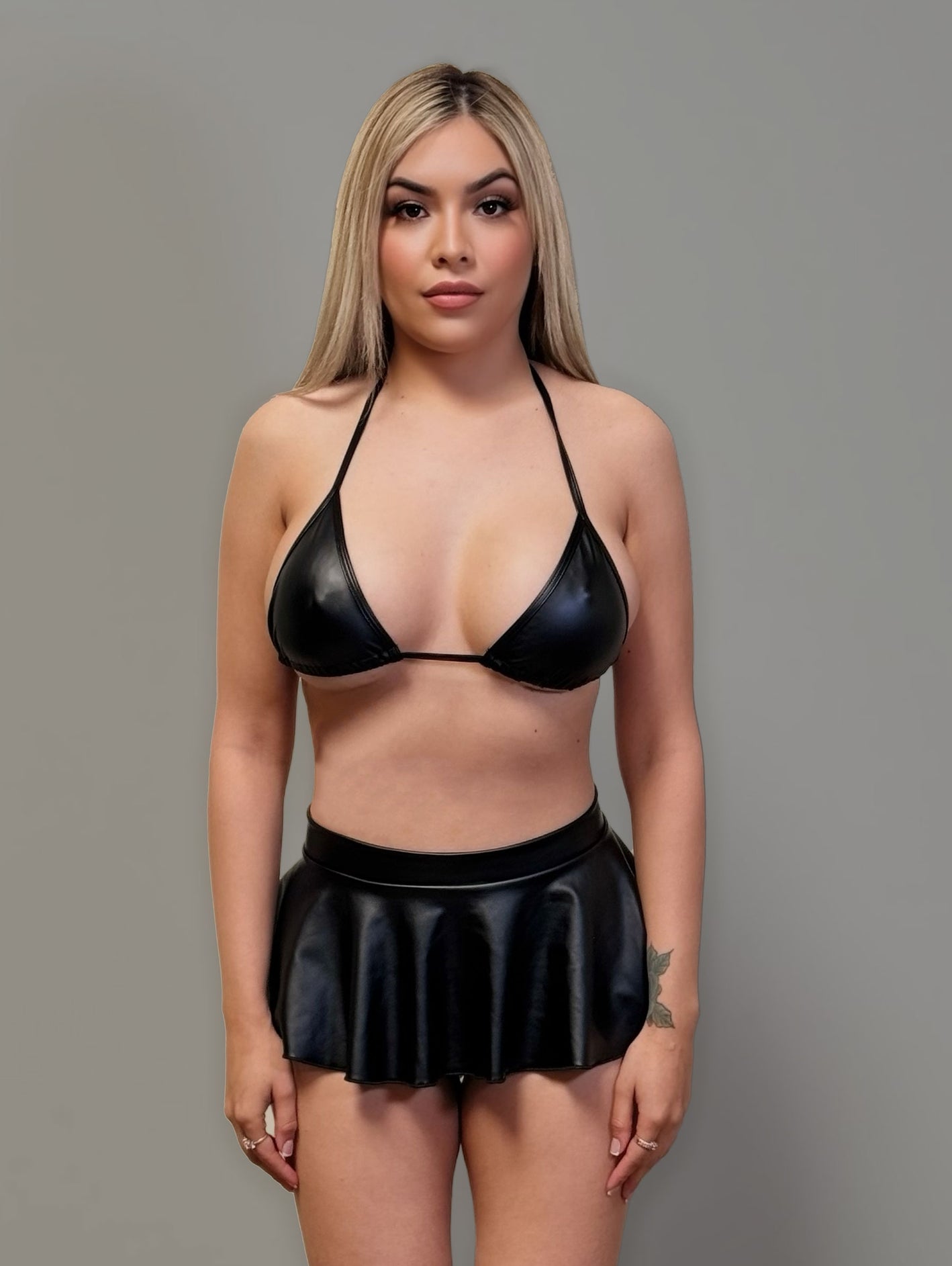 Three Piece Skirt Set - Black Pleather