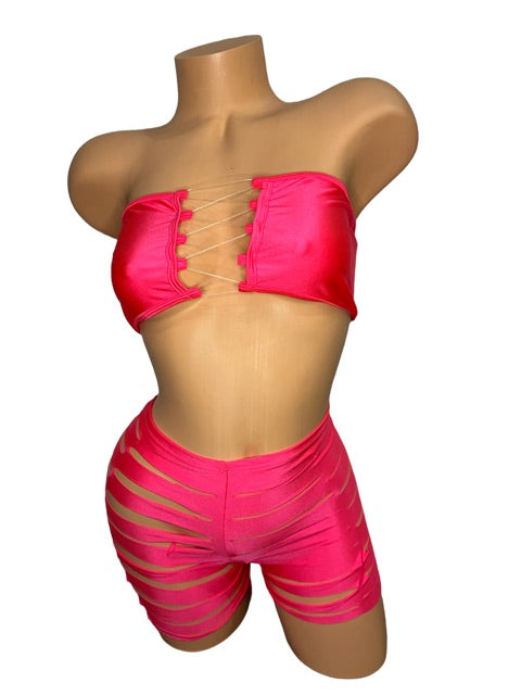 Solid Colored Ripped Shorts Two Piece Set