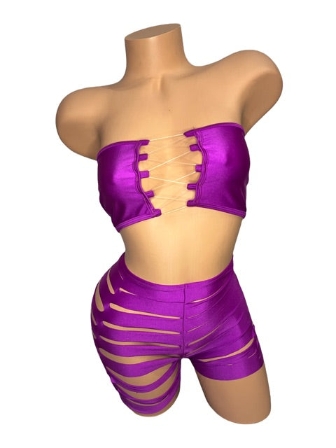 Solid Colored Ripped Shorts Two Piece Set