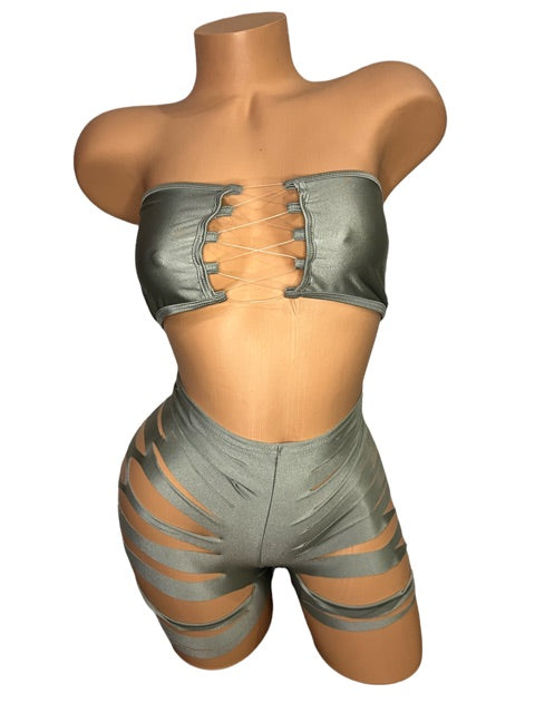 Solid Colored Ripped Shorts Two Piece Set