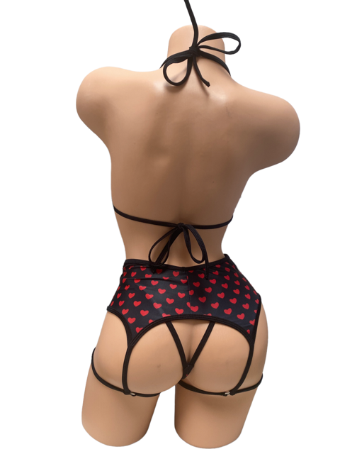 Scarlet Black With Red Hearts Three Piece Garter Set