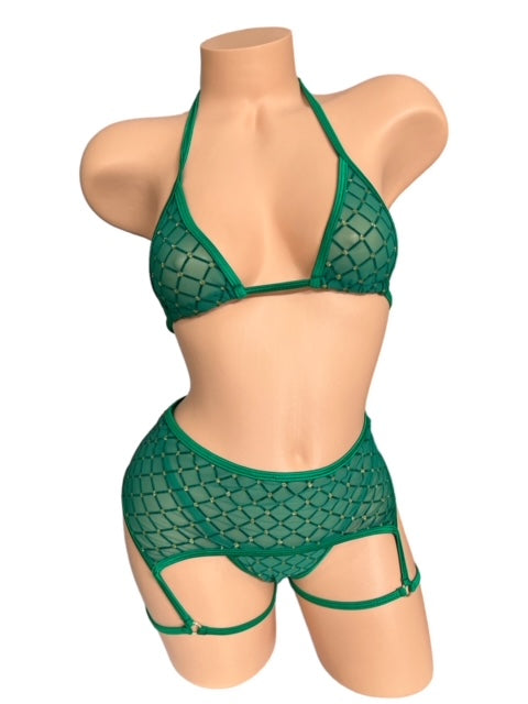 Scarlet Emerald Green Gold Dots Three Piece Garter Set