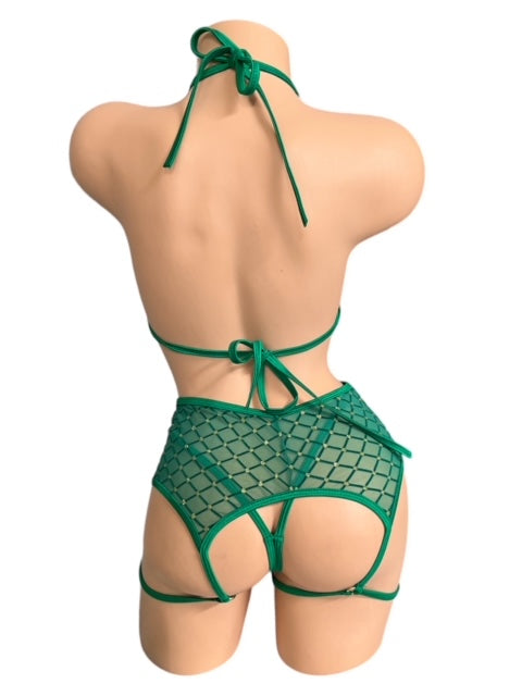 Scarlet Emerald Green Gold Dots Three Piece Garter Set