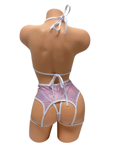 Scarlet Pink Holographic P*nises Three Piece Garter Set